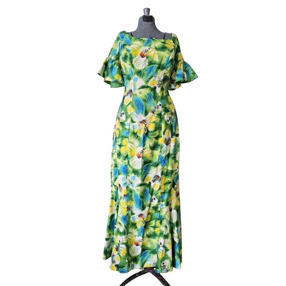 Vintage 50s 60s Kamehameha Hawaiian Mermaid Maxi Dress with Flutter Sleeves Sz S
